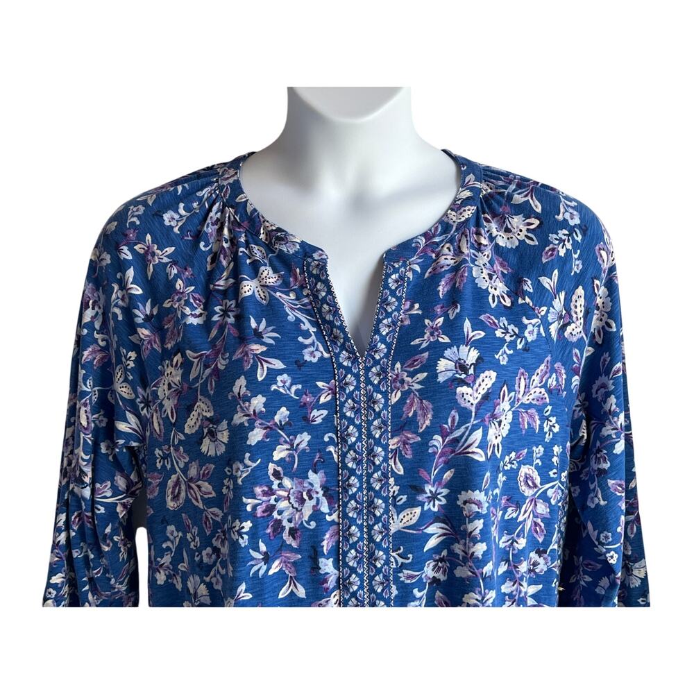 J. JILL BLUE FLORAL SPLIT V-NECK BLOUSE BOHO BORDER PRINT WOMENS LARGE TALL - Picture 5 of 11